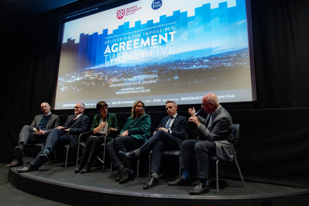 discussion panel participants at the screening of 'Delivering the Impossible: Agreement Twenty Five' in QFT, 5 December 2023