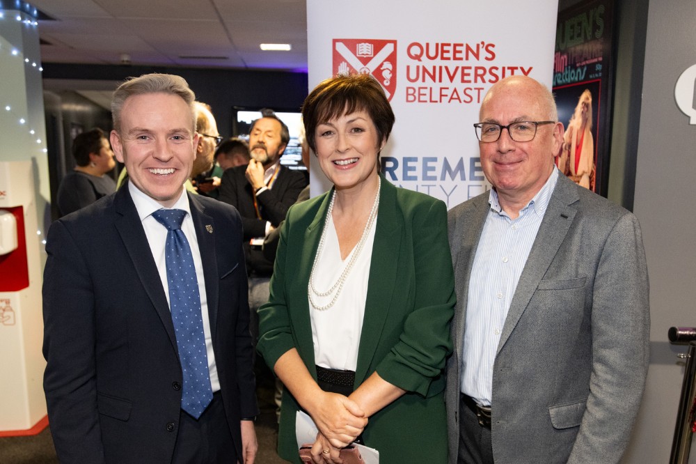 left to right: Ryan Feeney, Donna Traynor, Stephen Douds, in the QFT foyer ahead of the screening of documentary 'Delivering the Impossible: Agreement 25'