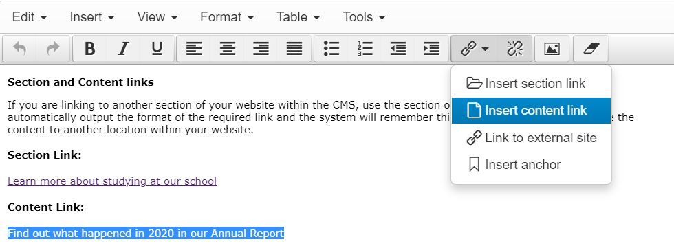 The inserting a content link menu in the text editor