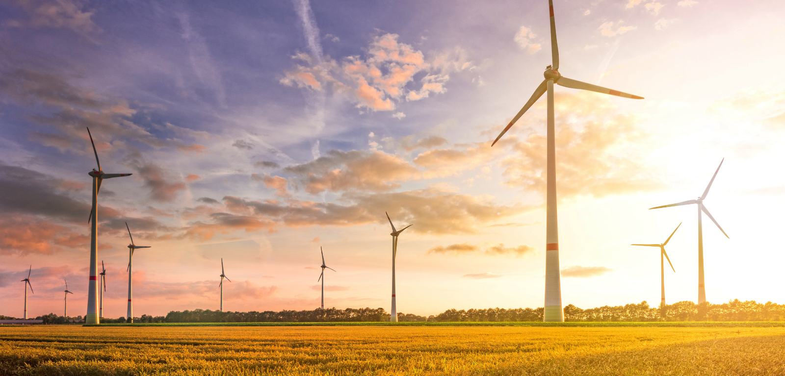 Wind turbines against a cloudy sky at sunrise