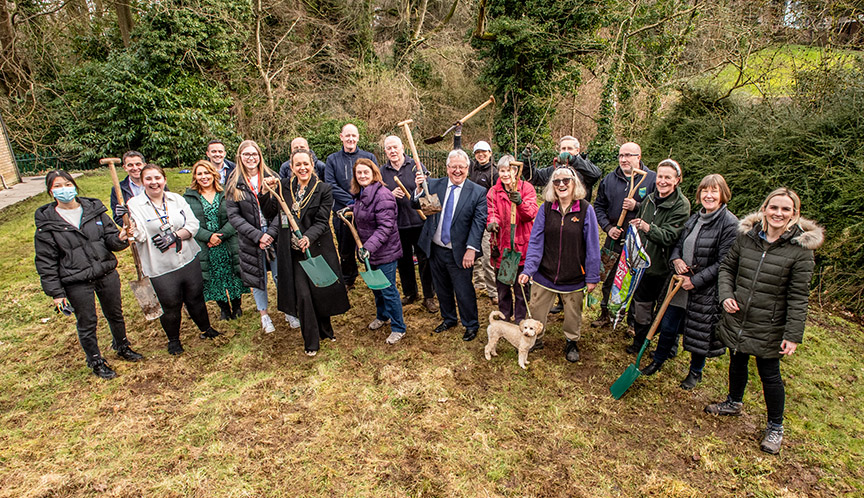 group of students, staff and volunteers with the Lord Mayor Cllr Kate Nicholl at Elms Village tree planting