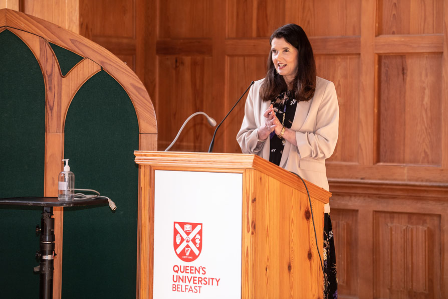 Professor Teresa McCormack, Head of School of Psychology, speaking at the portrait unveiling of Professor Carol McGuinness