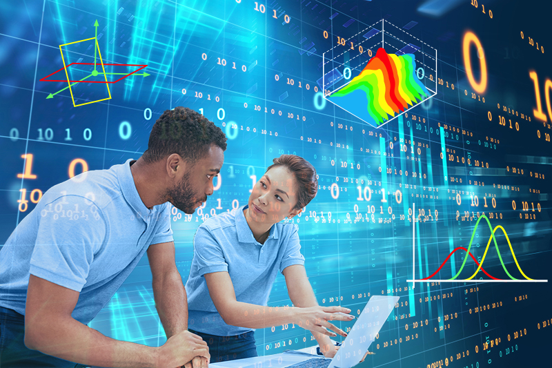 Two researchers discuss on digital background with data analytic graphics