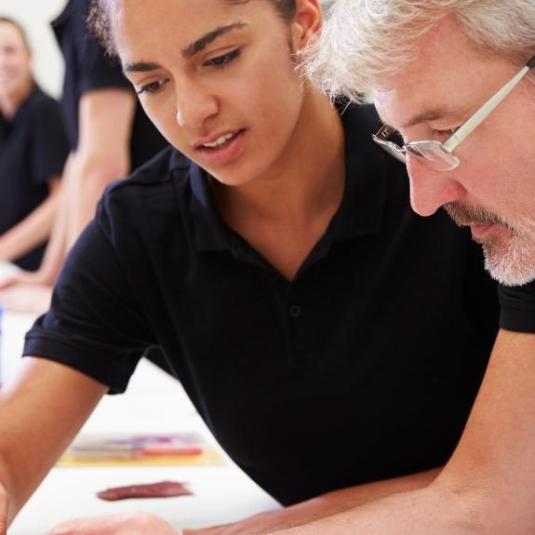 young female teaching/explaining to a mature student or colleague