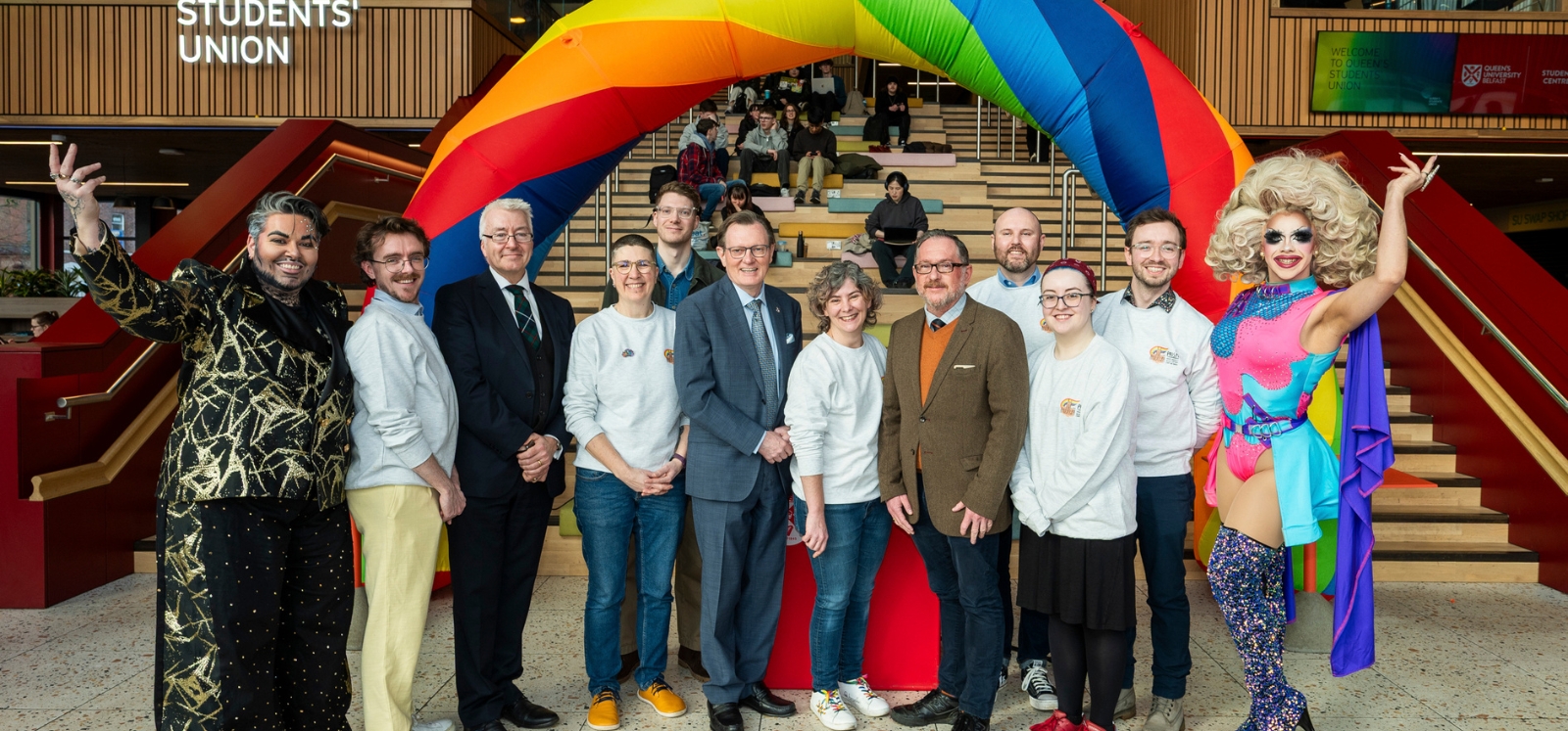 guest speakers and acts pictured together in One Elmwood, Queen's University Belfast, at the LGBT Queen's Celebration Showcase, February 2025