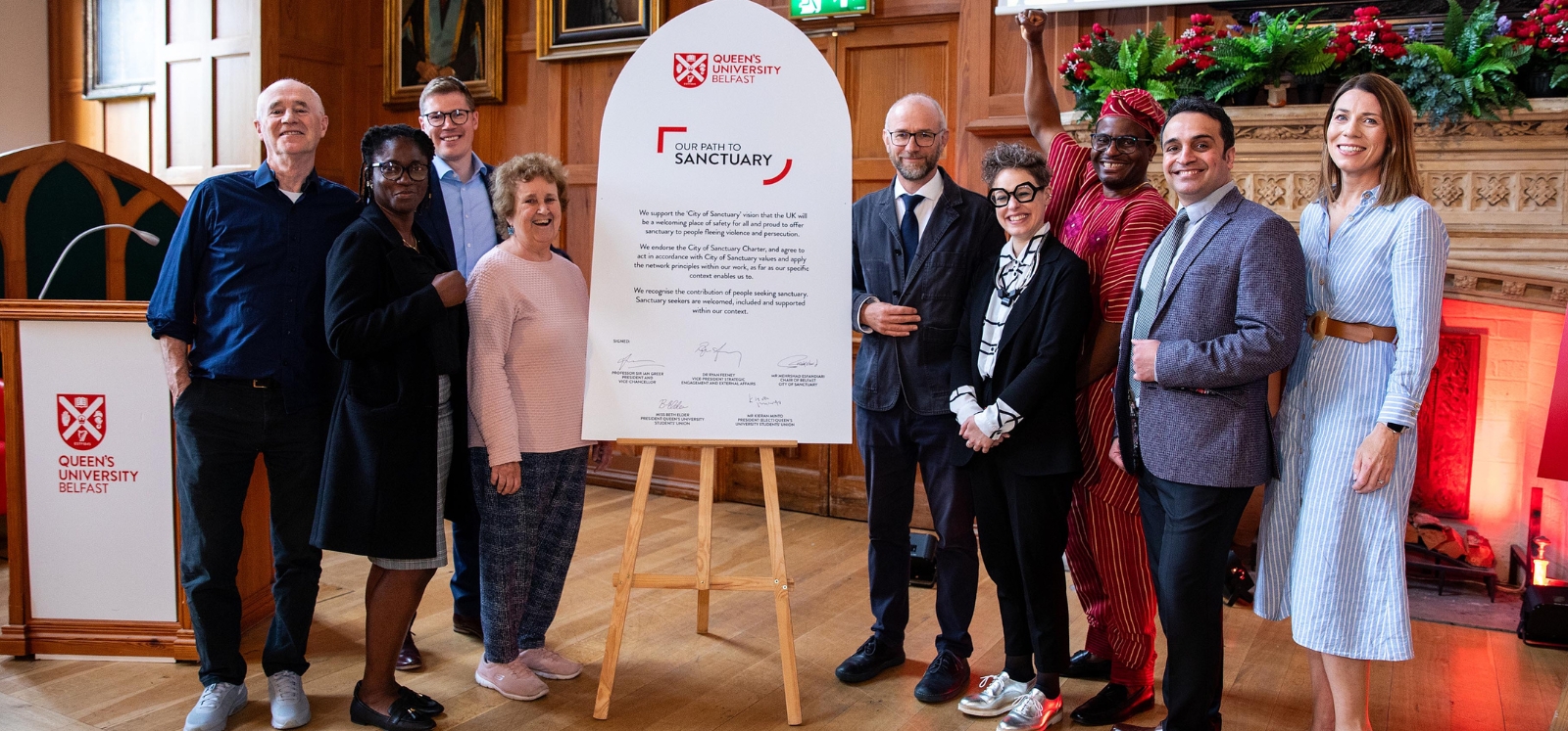 Plaque unveiling at the Civic Mission / University of Sanctuary launch event, Queen's University Belfast, May 2024